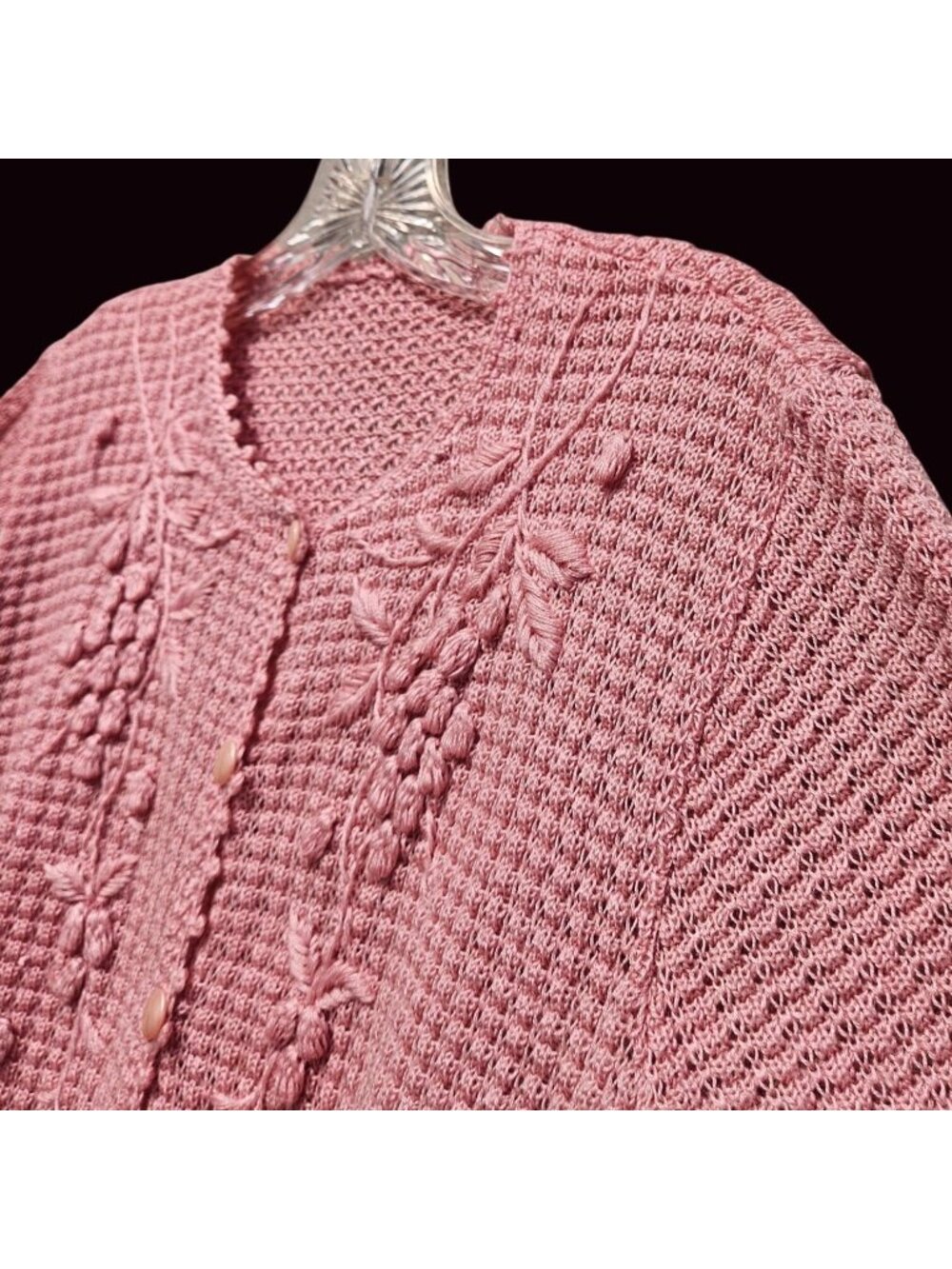 Vintage 70s Japanese Pastel Pink Lace Knit Floral Cardigan Top M Sakura Flowers - Picture 7 of 11